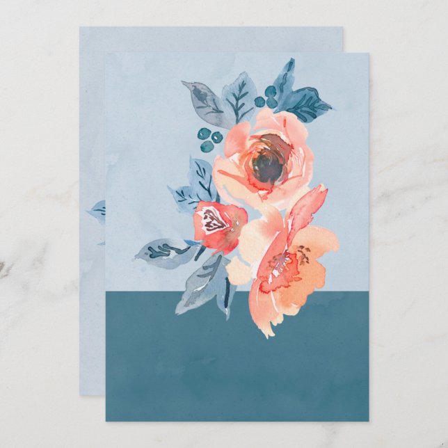 Coral and Dusty Blue Floral Unique Wedding Invitation (Front/Back)