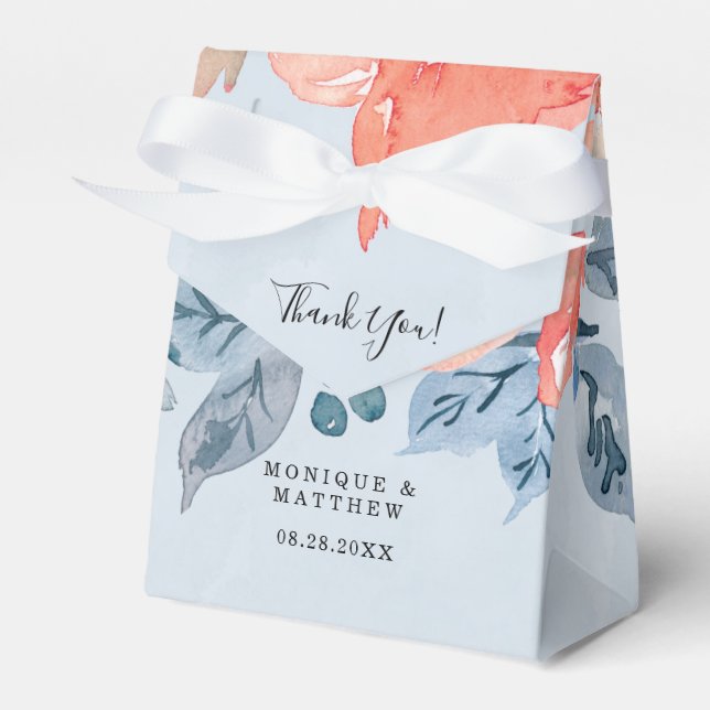 Coral and Dusty Blue Floral Wedding Thank You Favour Box (Front Side)