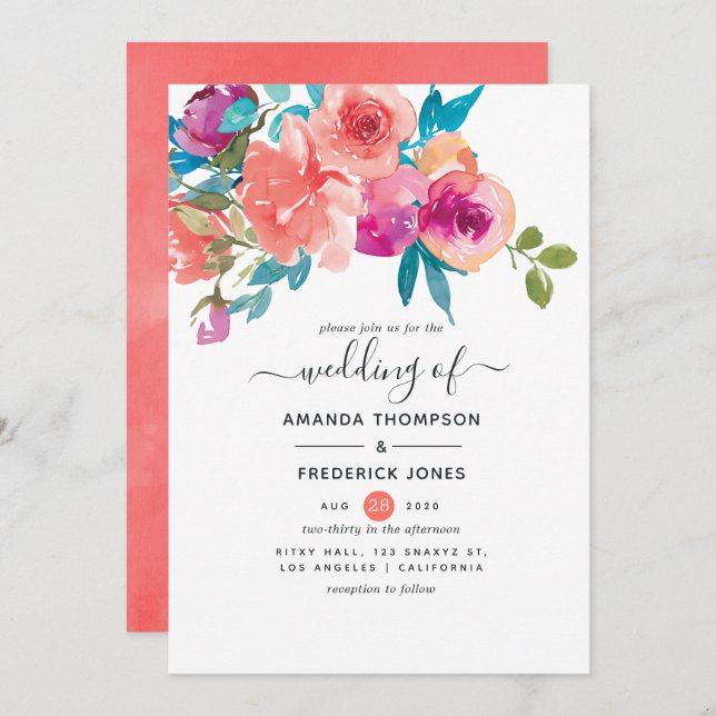 Coral and Fandango Floral Wedding Invitation (Front/Back)