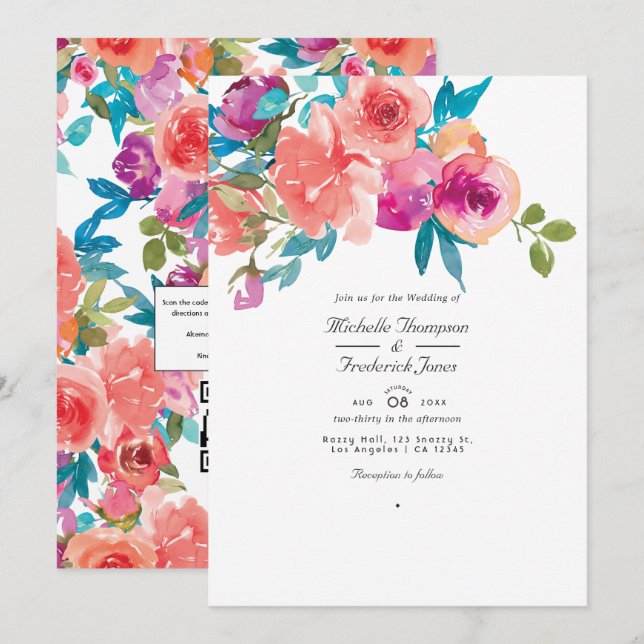 Coral and Fandango Floral Wedding Photo Invitation (Front/Back)