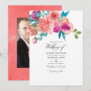 Coral and Fandango Floral Wedding Photo Invitation