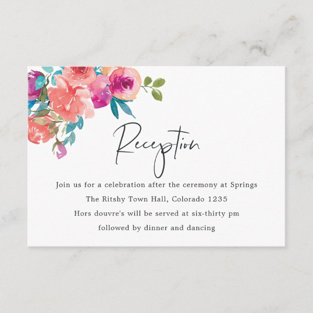 Coral and Fandango Floral Wedding Reception Enclosure Card (Front)