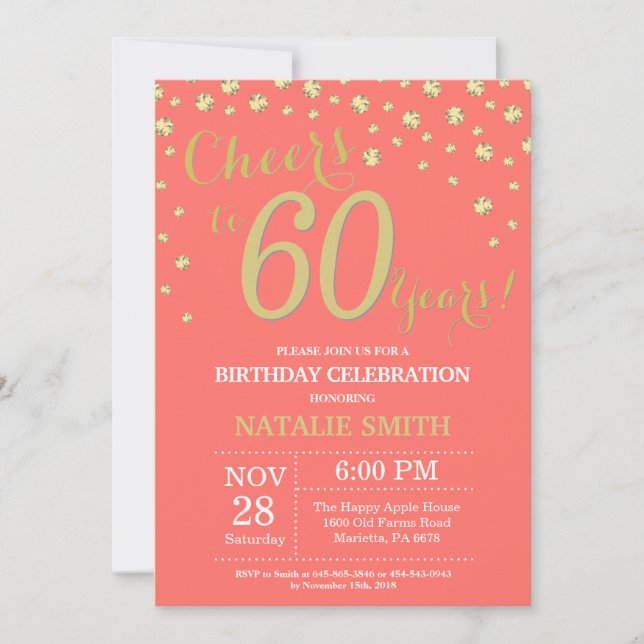 Coral and Gold 60th Birthday Diamond Invitation (Front)