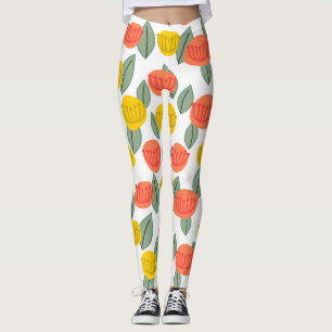 Coral and Gold Flowers Leggings