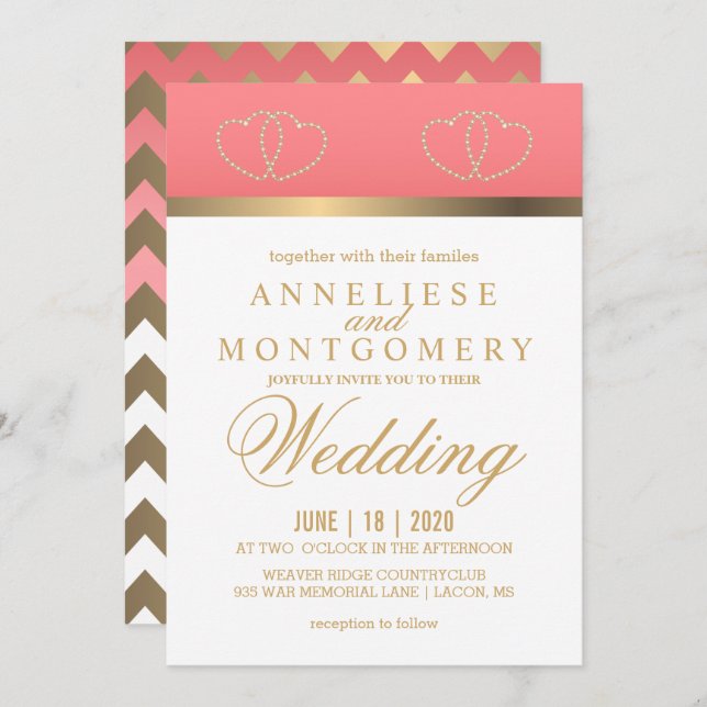 Coral and Gold Hearts - Invitation (Front/Back)