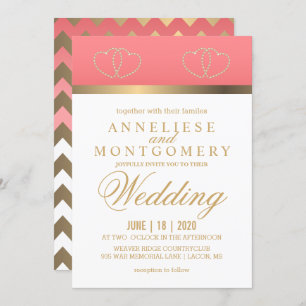 Coral and Gold Hearts - Invitation