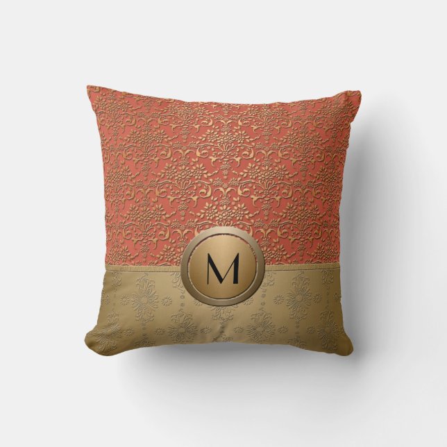 Coral and Gold Monogram Damask Pattern Cushion (Front)