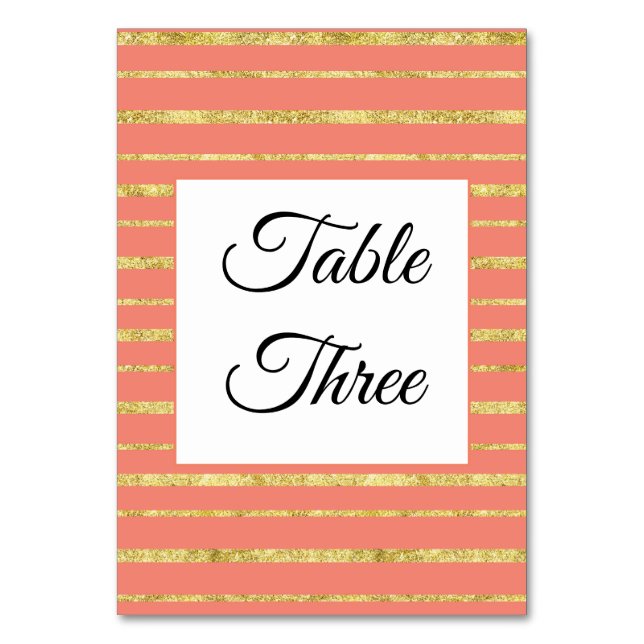 Coral and Gold Stripe Personalised Table Number (Front)