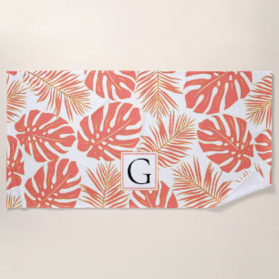 Coral and gold tropical leaves and monogram beach towel