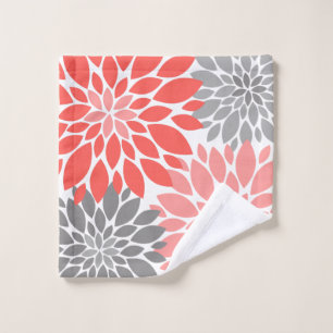 Coral and Gray Chrysanthemums Floral Pattern Bath Towel Set