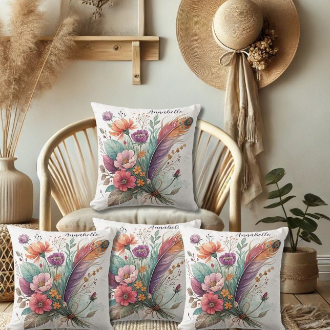 Coral and Green Feathers and Flowers Cushion (Creator Uploaded)
