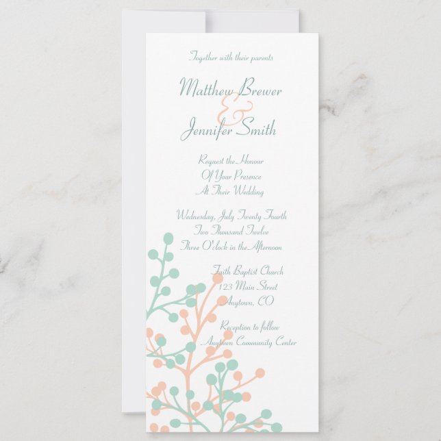 Coral and Green Floral Long Wedding Invitation (Front)