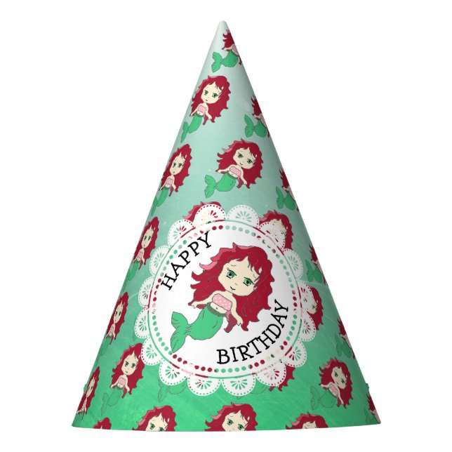 Coral and Green Red Haired Mermaid Birthday Hat (Front)