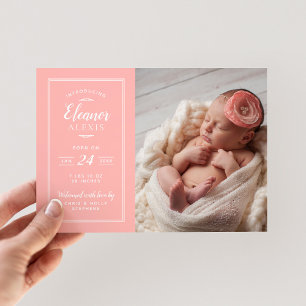Coral and Grey Baby Girl Photo Birth Announcement