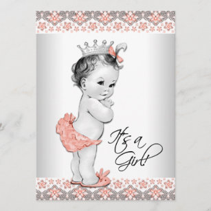 Coral and Grey Baby Girl Shower Invitation