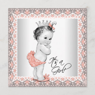 Coral and Grey Baby Girl Shower Invitation
