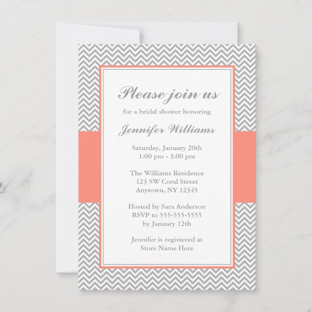 Coral and Grey Chevron Bridal Shower Invitation (Front)