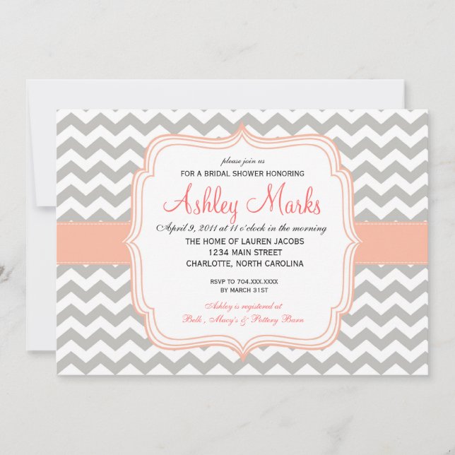 Coral and Grey Chevron Invitation (Front)