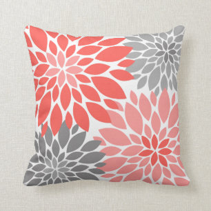 Coral and Grey Chrysanthemums Floral Pattern Cushion