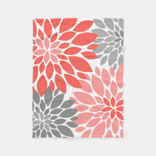 Coral and Grey Chrysanthemums Floral Pattern Fleece Blanket