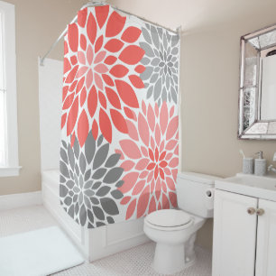 Coral and Grey Chrysanthemums Floral Pattern Shower Curtain