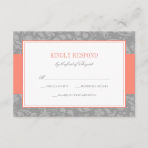 Coral and Grey Damask Wedding RSVP Card