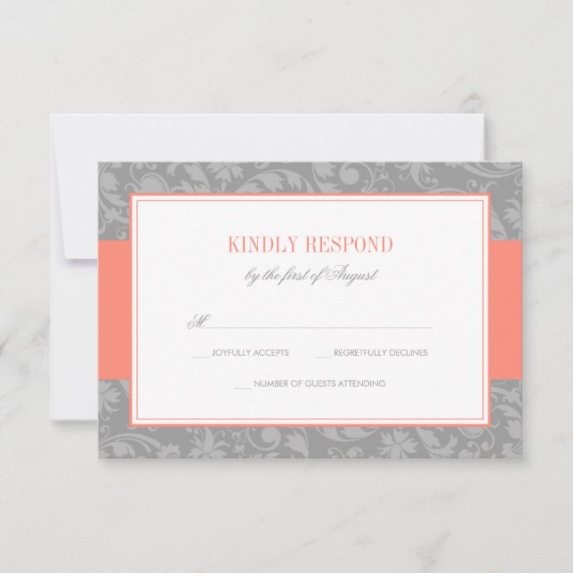 Coral and Grey Damask Wedding RSVP Card (Front)