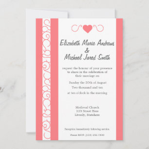 Coral and Grey Heart Wedding Invitation