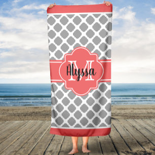 Coral and Grey Moroccan Monogrammed Bath Towel