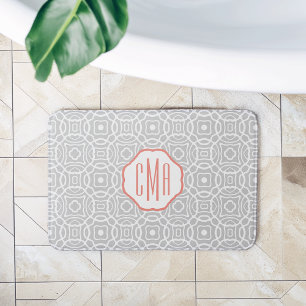 Coral and Grey Quatrefoil Monogram Bath Mat