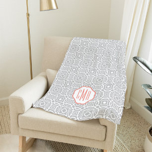 Coral and Grey Quatrefoil Monogram Fleece Blanket