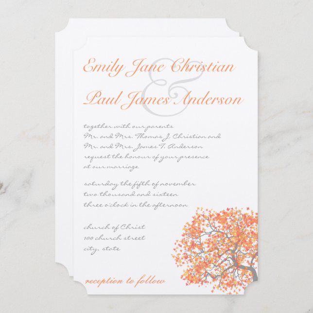Coral and Grey Romantic Tree  Wedding Invitation (Front/Back)
