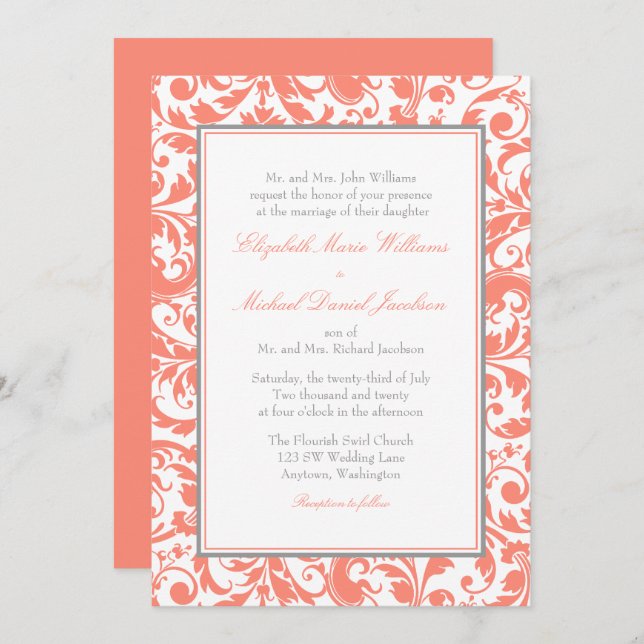 Coral and Grey Swirl Damask Wedding Invitation (Front/Back)