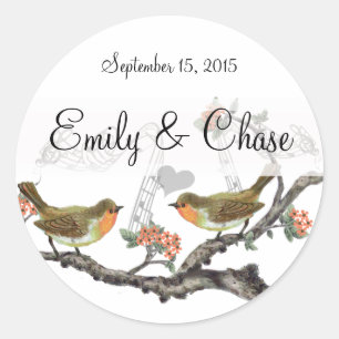 Coral and Grey Vintage Birds Wedding Stickers