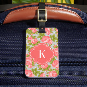 Coral and Grey Vintage Roses Monogram Luggage Tag