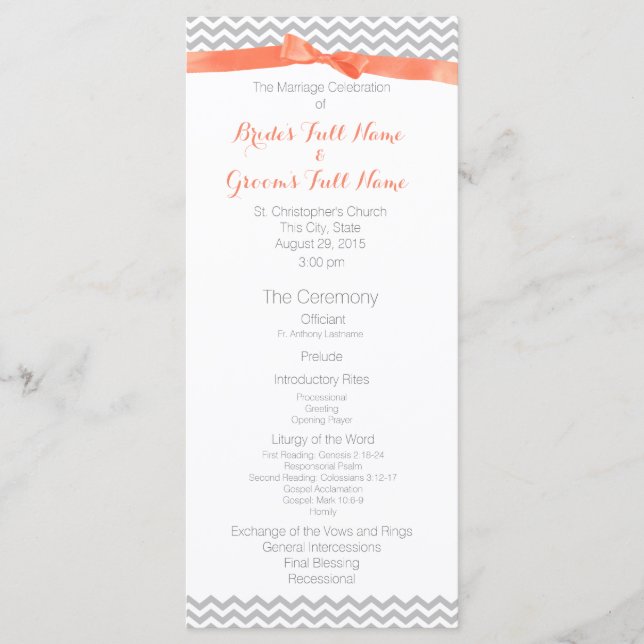 Coral and Grey Zigzag Pattern Wedding Program (Front)