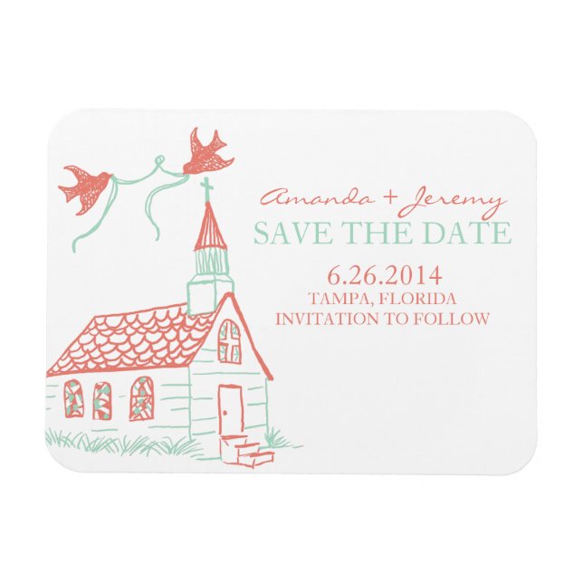 Coral and Mint Chapel Wedding Save The Date Magnet (Horizontal)