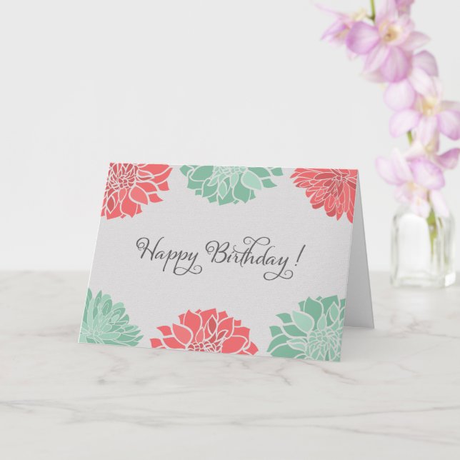 Coral and Mint Dahlia Floral Birthday Card (Orchid)