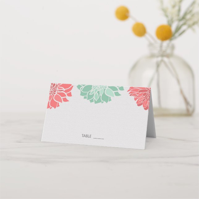 Coral and Mint Dahlia Floral Wedding Place Card (Front)