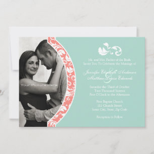 Coral and Mint Damask Photo Wedding Invitation
