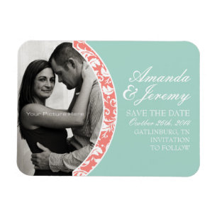 Coral and Mint Damask Photo Wedding Save The Date Magnet