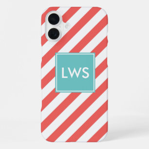 Coral and Mint Diagonal Stripes Monogram iPhone Case