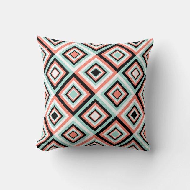 Coral and Mint Diamond Pattern Throw Pillow (Front)