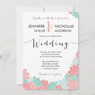 Coral and Mint Flower Wedding Invitation