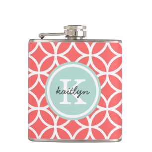 Coral and Mint Geometric Diamonds Custom Monogram Hip Flask