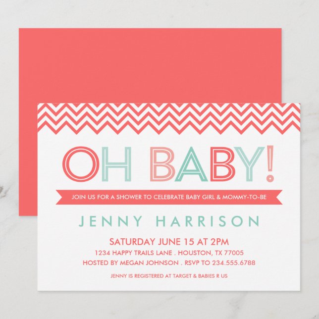 Coral and Mint Modern Chevron Baby Shower Invitation (Front/Back)