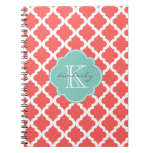 Coral and Mint Moroccan Quatrefoil Print Notebook