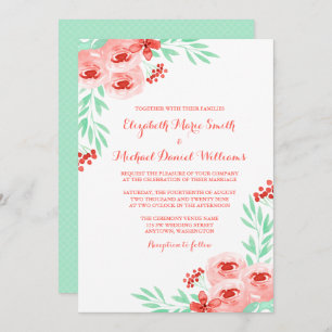Coral and Mint Watercolor Floral Wedding Invitation