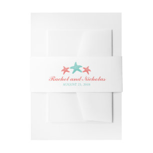Coral and Mint White Starfish   Wedding Invitation Belly Band