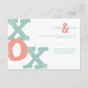 Coral and Mint XOX Wedding RSVP Card